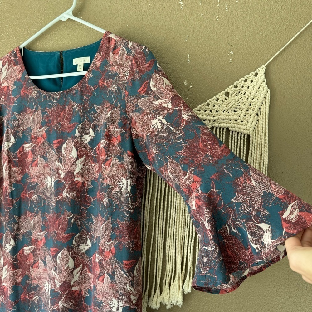 Garnet Hill 100 % Silk floral mini shift Dress size 4 ruffle Sleeve Boho J - Picture 6 of 10
